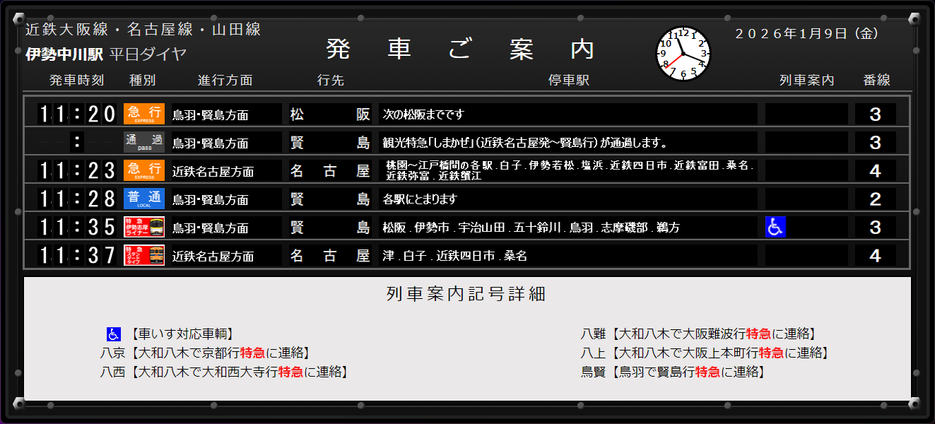 パタパタ伊勢中川駅アプリの画面