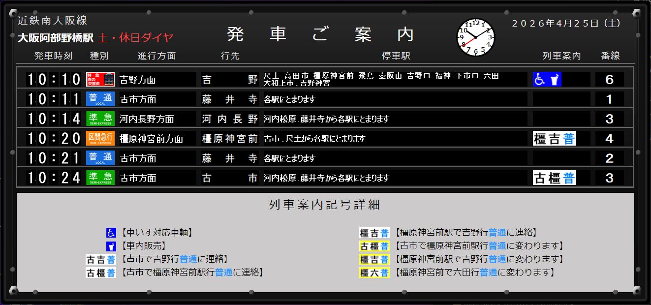 土・休日ダイヤ時の画面