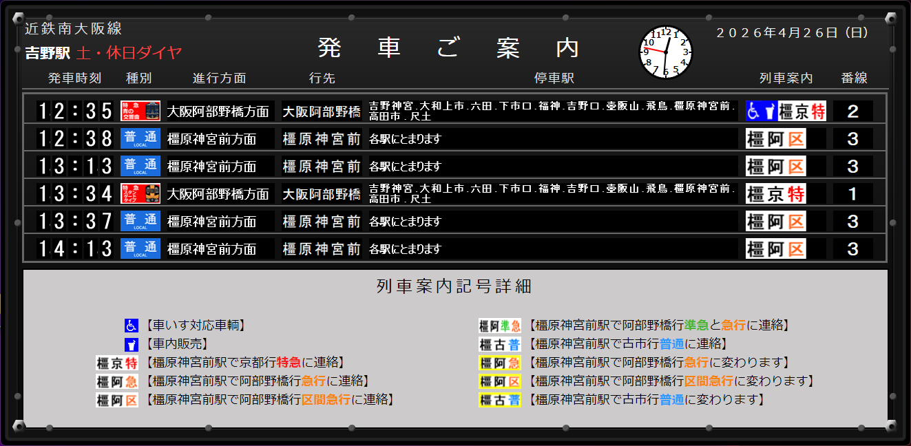 土・休日ダイヤ時の画面